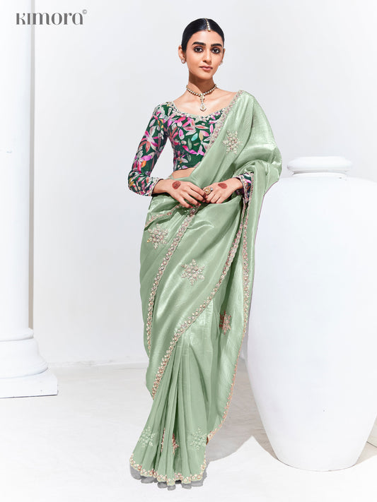 Dhiyona KM Women Sea Green Pure Tissue Silk Saree With Crushed Finish & Multicolor Blouse