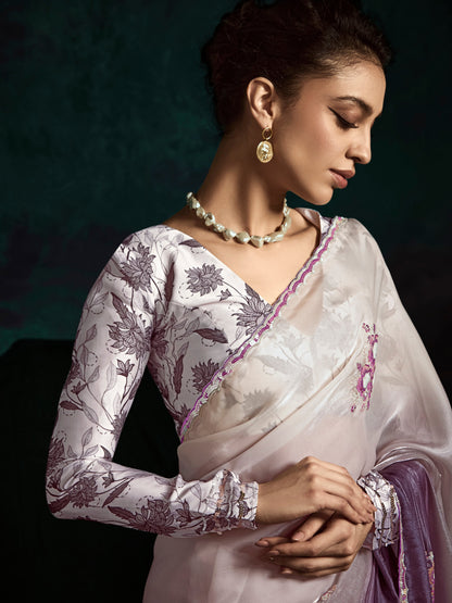 Dhiyona KM Women Elegant Purple Shade Saree With Classic White Silk Blouse
