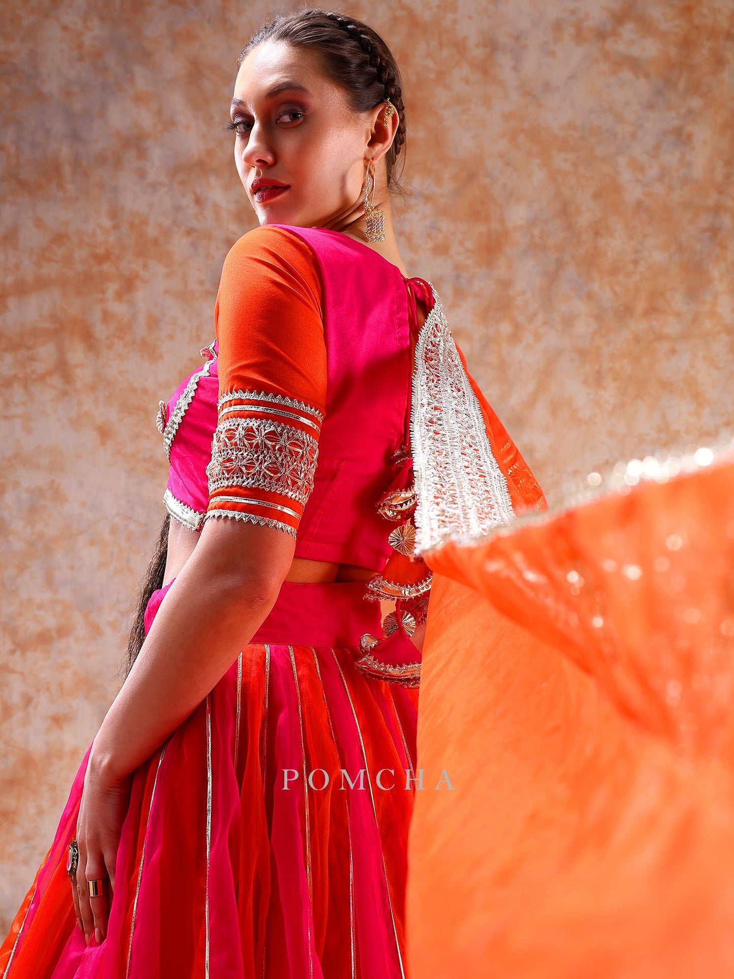 Dil Kash Orange Pink Double Shade Organza  Lehenga With Lace Work