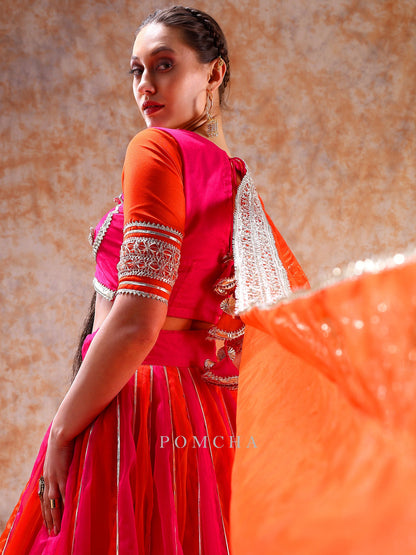 Dil Kash Orange Pink Double Shade Organza  Lehenga With Lace Work