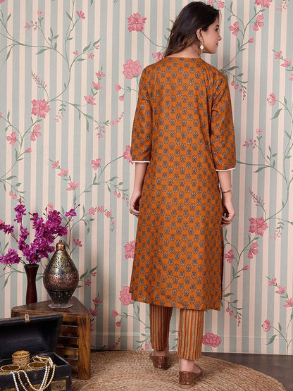 Dhiyona OD  Floral Printed Angrakha Pure Cotton Kurta with Trousers