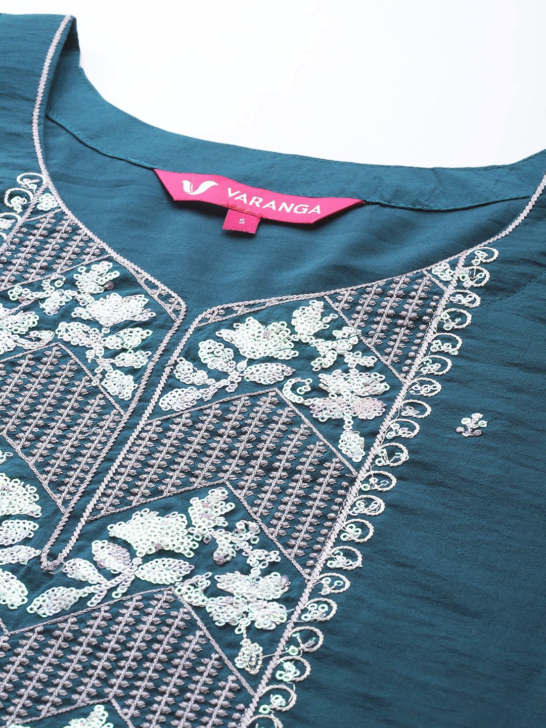 Dhiyona VA Women's Teal Ethnic Motifs Embroidered Sequinned Kurta with Trousers & With Dupatta