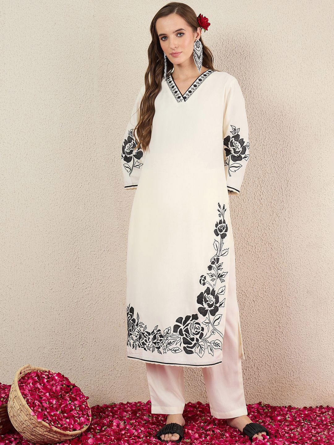 Women Solid Embroidered Kurta with Trousers