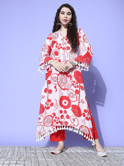 Dhiyona VA Women'sWinter Floral Printed V-Neck A-Line Woolen Kurta Set with Tesselled Hem