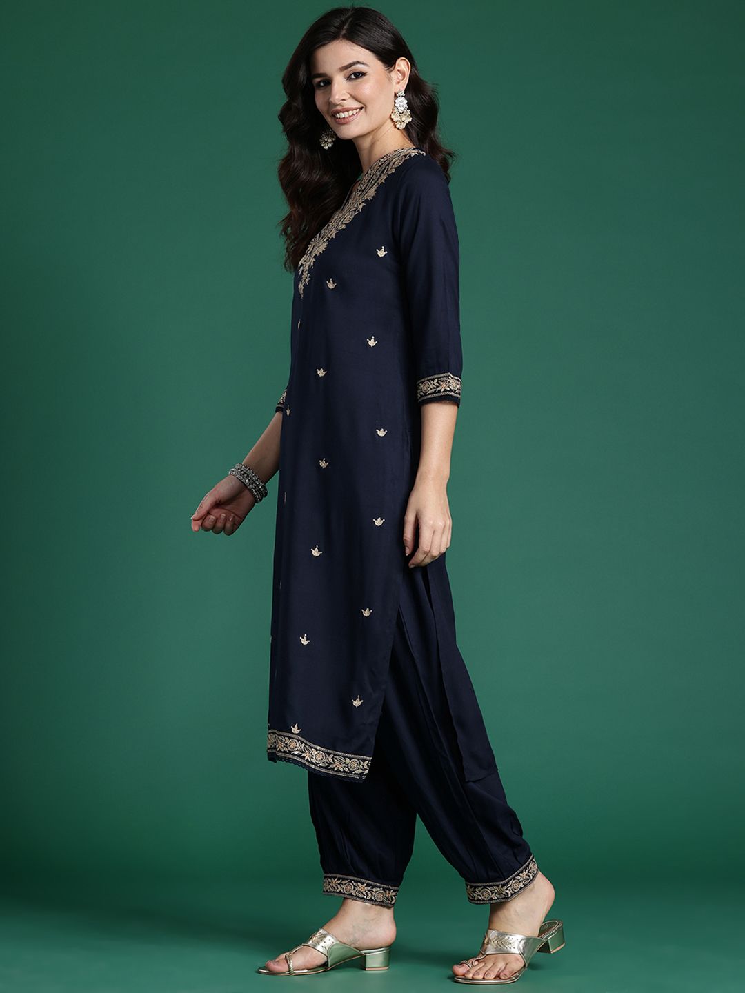 Ethnic Motifs Embroidered Sequinned Kurta with Salwar & With Dupatta