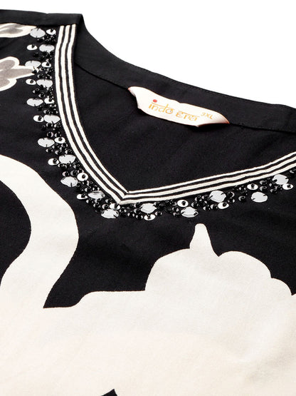 Plus Size Floral Printed Beads & Stones Kurta with Salwar