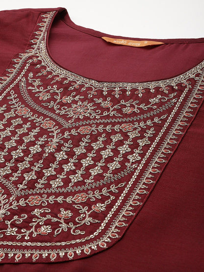 Dhiyona IE Ethnic Motifs Yoke Design Sequinned Kurta with Trousers & Dupatta