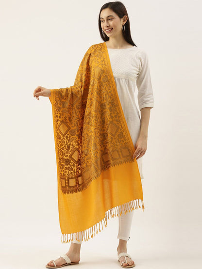 Dhiyona PA Women Pure Woolen Yellow Floral Embroidered Shawl