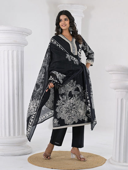 Dhiyona VA Women's Floral Printed Regular Thread Work Pure Cotton Kurta with Trousers & With Dupatta