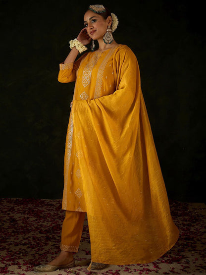Dhiyona IE Women Ethnic Motifs Embroidered Regular Sequinned Kurta with Trousers & With Dupatta