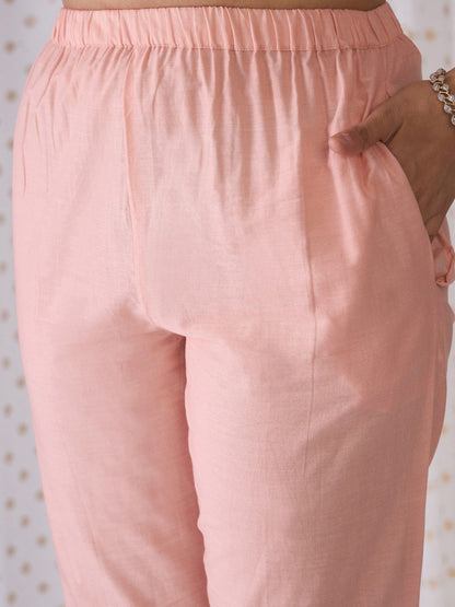 Floral Embroidered Notched Neck Cotton Straight Kurta with Trousers & Dupatta