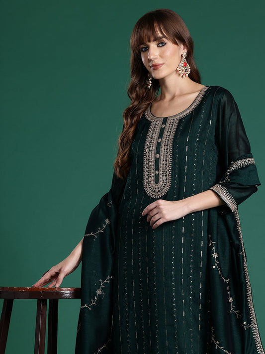 Ethnic Motifs Embroidered Sequinned Kurta with Trousers & With Dupatta