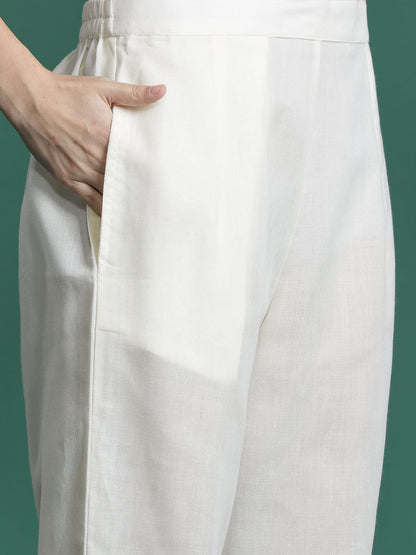 Floral Embroidered Regular Linen Kurta with Trousers & Dupatta