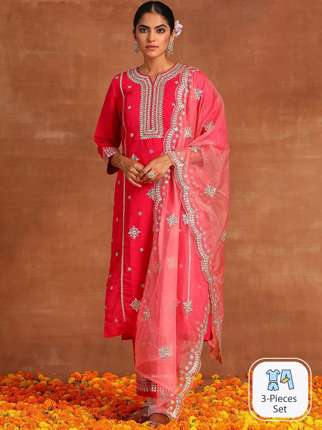 Dhiyona IE Ethnic Motifs Embroidered Gotta Patti Kurta & Trousers With Dupatta
