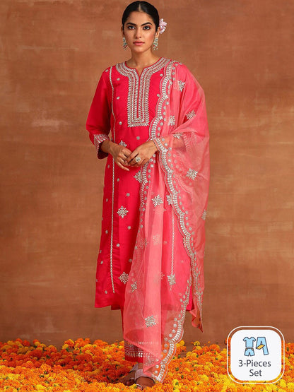 Dhiyona IE Ethnic Motifs Embroidered Gotta Patti Kurta & Trousers With Dupatta