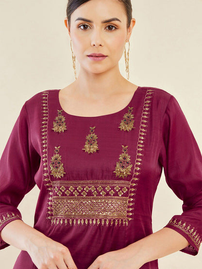 Dhiyona SO Women's Maroon Ethnic Motifs Embroidered Regular Sequinned A-Line Kurta With Trousers