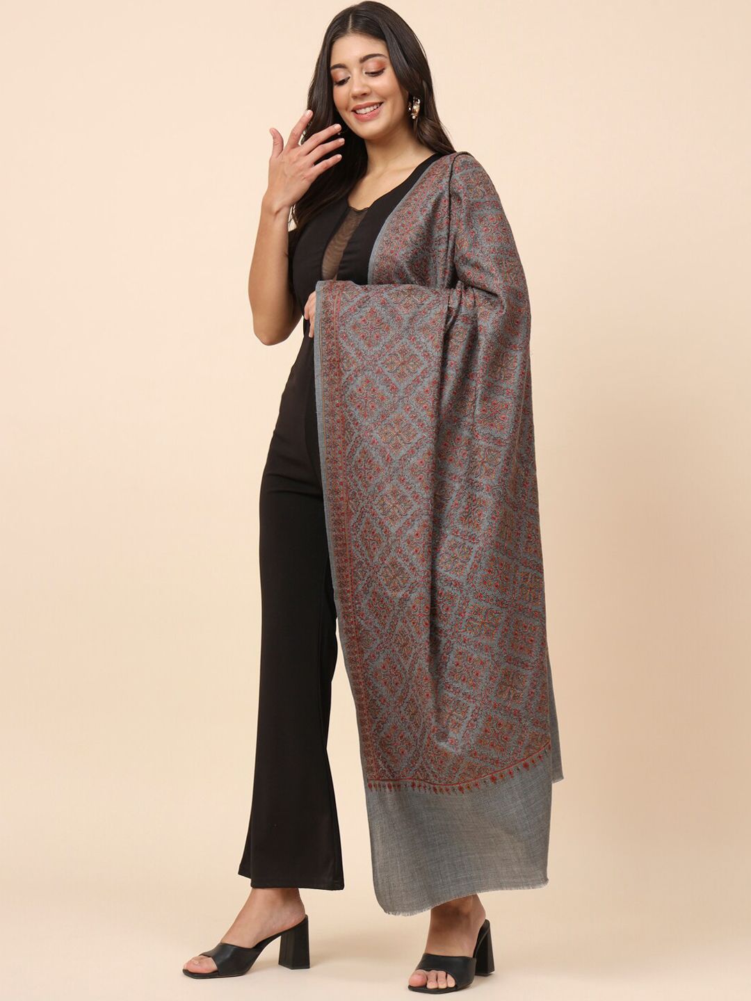 Dhiyona PA Ethnic Motifs Embroidered Pure Woolen Shawl