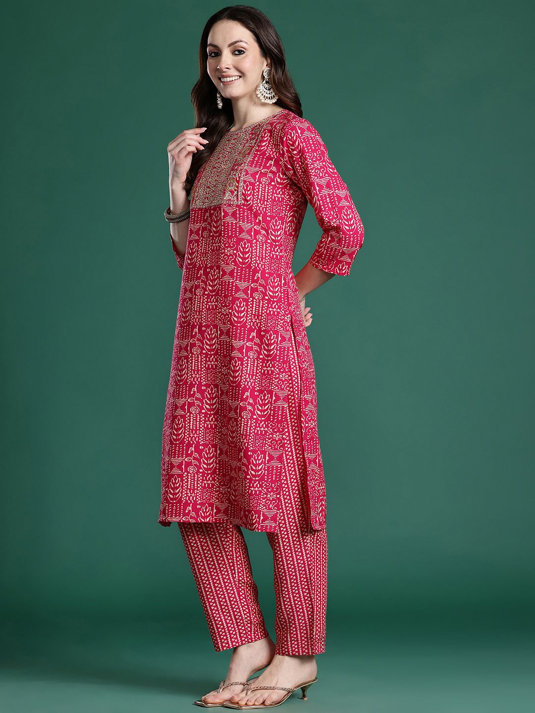 Ethnic Motifs Printed Sequinned Pure Cotton Kurta with Trousers & With Dupatta