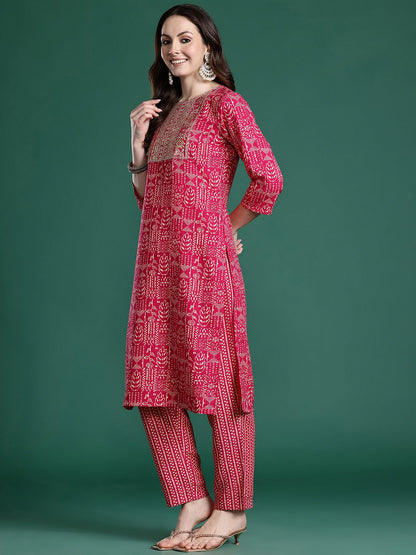 Ethnic Motifs Printed Sequinned Pure Cotton Kurta with Trousers & With Dupatta
