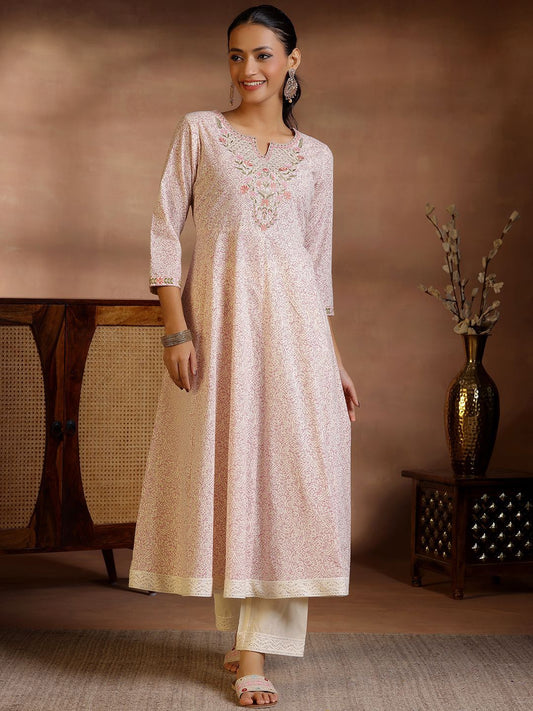 Dhiyona LB Women's Floral Printed Panelled Pure Cotton Anarkali Kurta with Trousers
