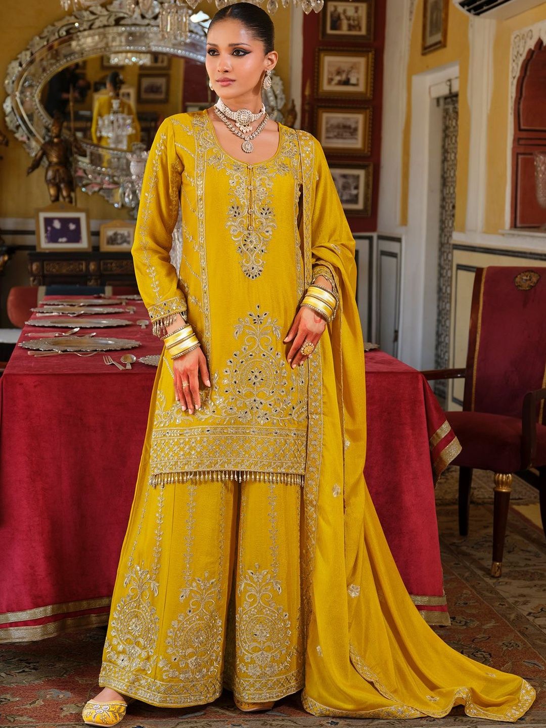 Ethnic Motifs Embroidered Straight Mirror Work Kurta With Palazzos & Dupatta