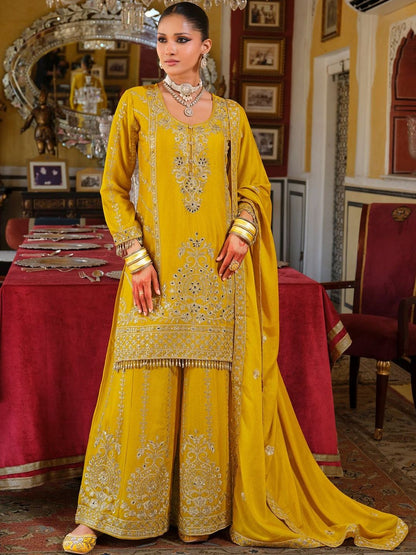 Ethnic Motifs Embroidered Straight Mirror Work Kurta With Palazzos & Dupatta