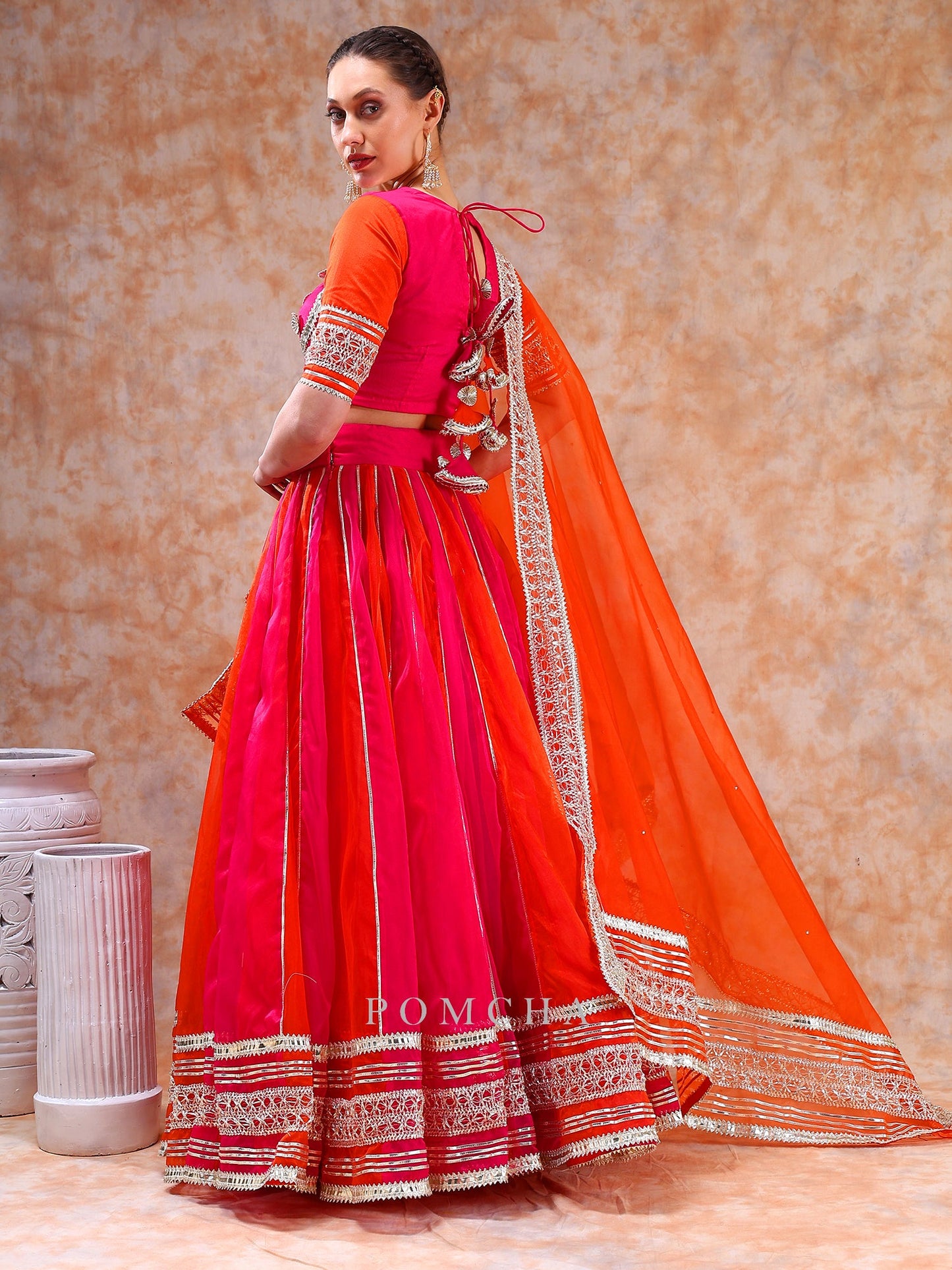 Dil Kash Orange Pink Double Shade Organza  Lehenga With Lace Work