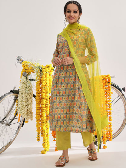 Dhiyona VA Women's Lime Green Ethnic Motifs Printed Mirror Work Kurta with Trousers & With Dupatta