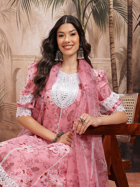 Dhiyona SN Women's Floral Print Paneled Kurta with Trousers & Dupatta