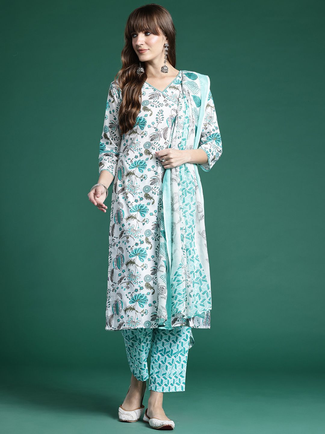 Dhiyona IE Floral Printed Pure Cotton Kurta with Trousers & With Dupatta