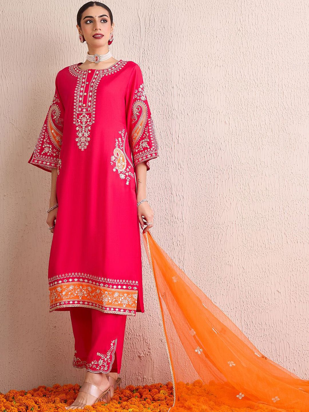 Women Ethnic Motifs Embroidered Regular Kurta with Trousers & With Dupatta