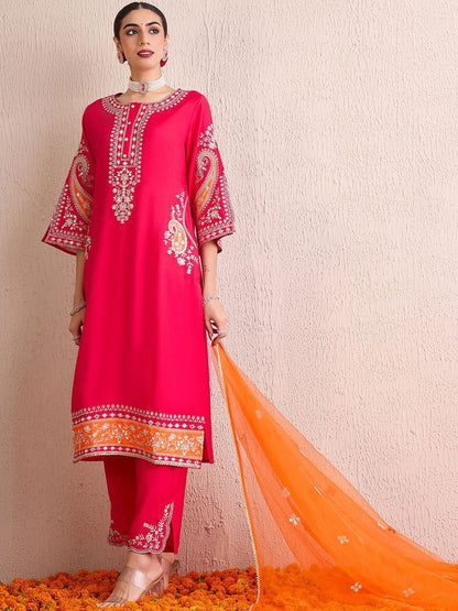 Women Ethnic Motifs Embroidered Regular Kurta with Trousers & With Dupatta