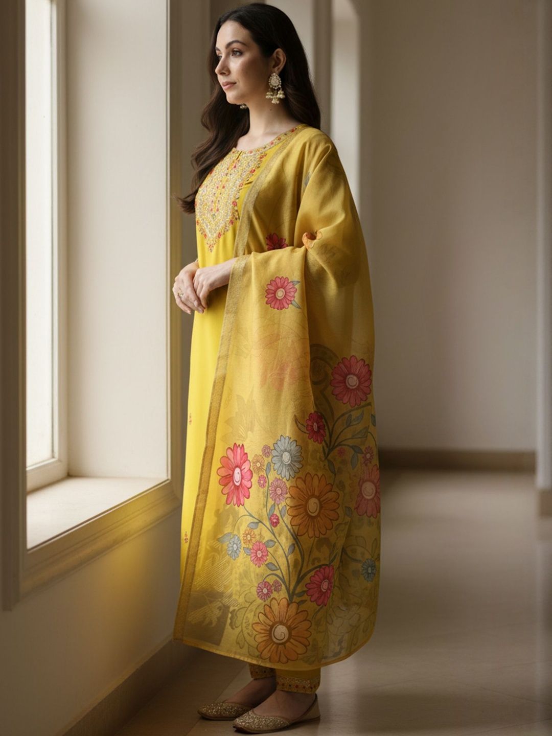 Floral Embroidered Thread Work Straight Kurta With Trousers & Dupatta