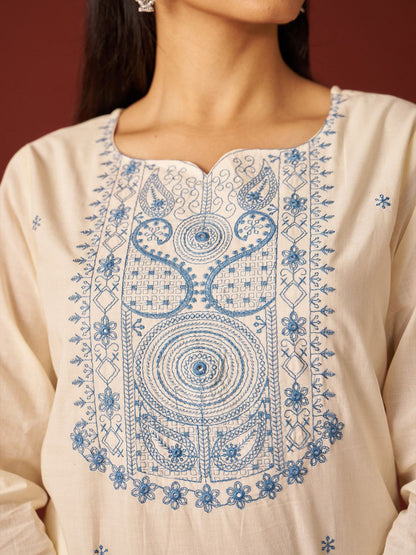 Dhiyona IE Paisley Embroidered Thread Work Pure Cotton Kurta With Trousers And Dupatta