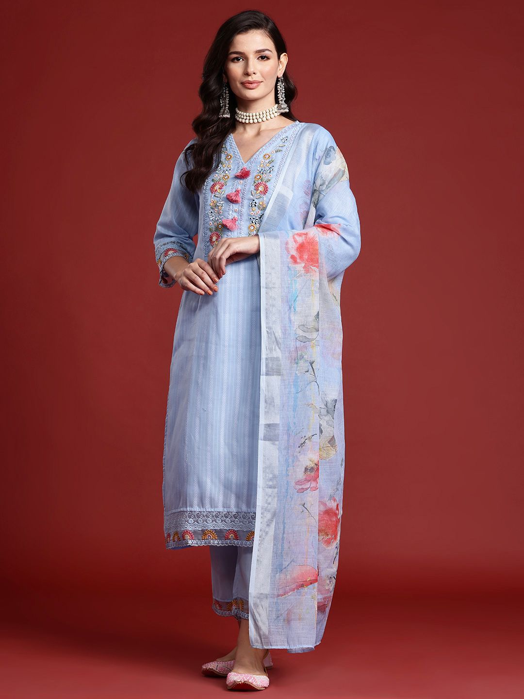 Dhiyona IE Floral Embroidered Tassel Detailed Pure Cotton Kurta & Trousers With Dupatta