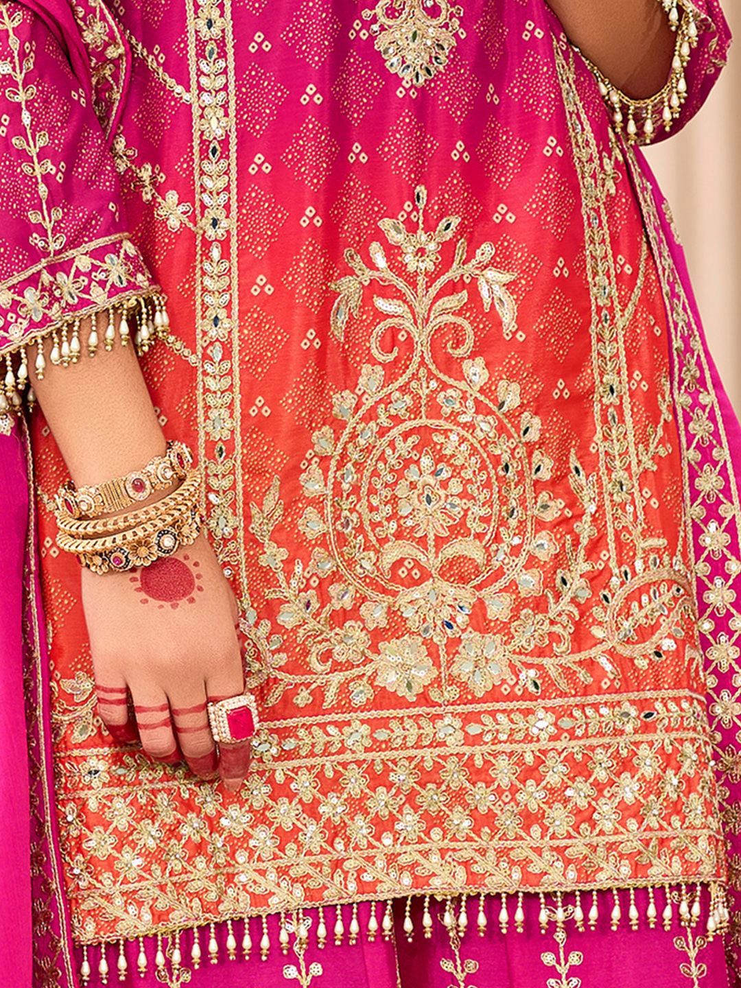 Floral Embroidered Zari Straight Kurti With Palazzos And Dupatta