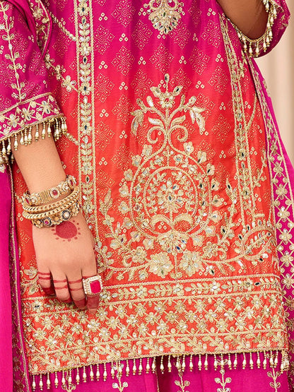 Floral Embroidered Zari Straight Kurti With Palazzos And Dupatta