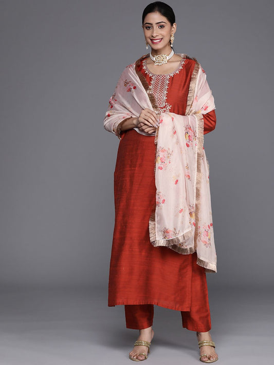 Dhiyona VA Women's Rust Ethnic Motifs Embroidered Dupion Silk Kurta with Trousers & With Dupatta