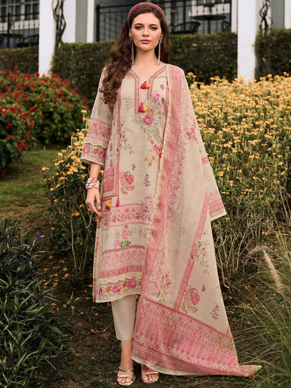 Dhiyona IE Floral Printed V-Neck Sequinned Linen Kurta With Trousers And Dupatta