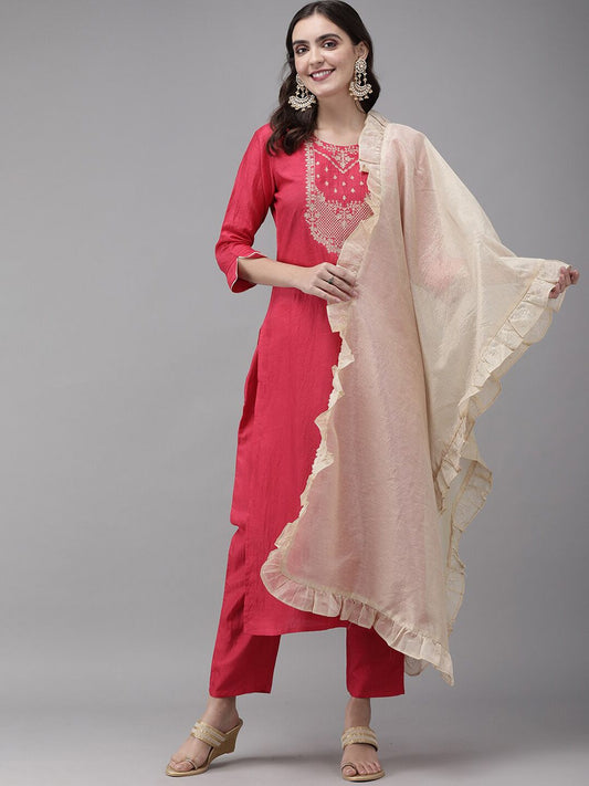Dhiyona IE Women Round Neck Embroidered Kurta & Trousers With Dupatta