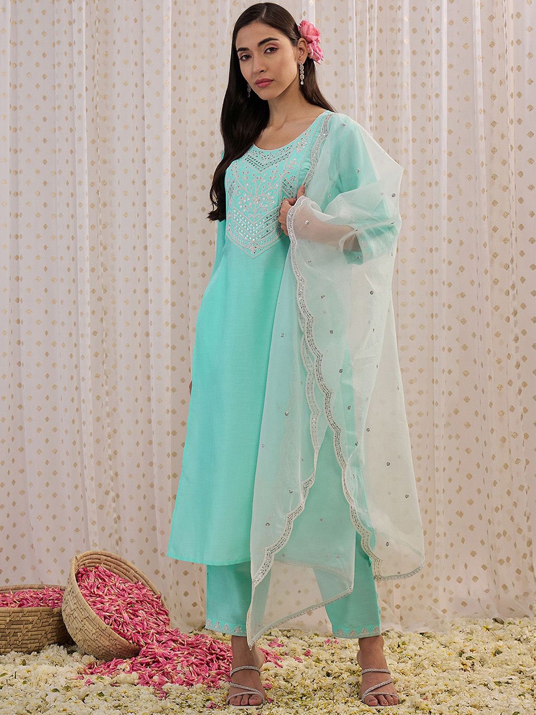 Floral Embroidered Sequinned Straight Kurta With Trousers & Dupatta