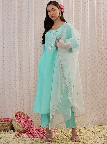 Floral Embroidered Sequinned Straight Kurta With Trousers & Dupatta