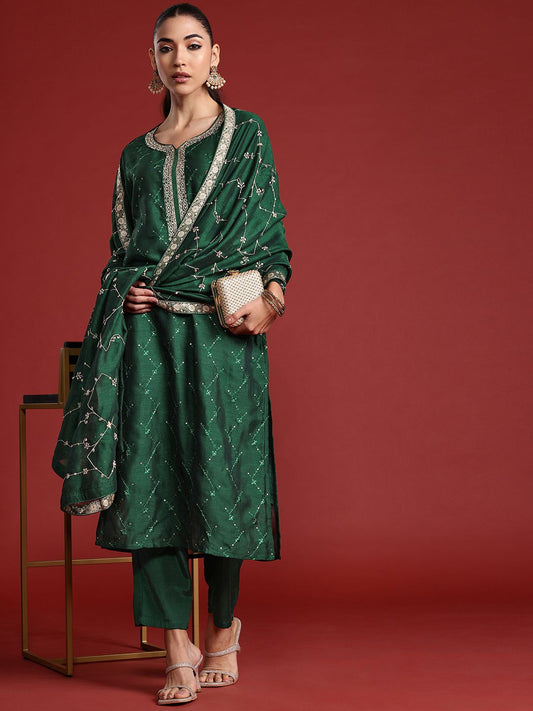 Dhiyona IE Floral Embroidered Sequinned Kurta With Trousers & Dupatta