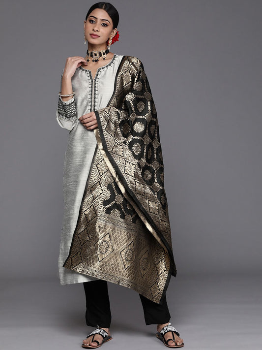 Dhiyona VA Women's Grey & Black Kurta with Trousers & Dupatta