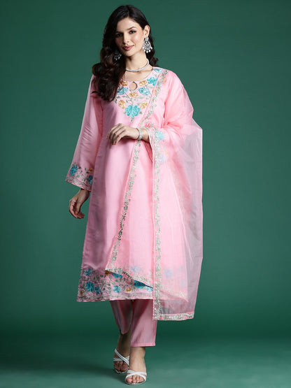 Dhiyona IE Floral Embroidered Thread Work Kurta With Trousers & Dupatta