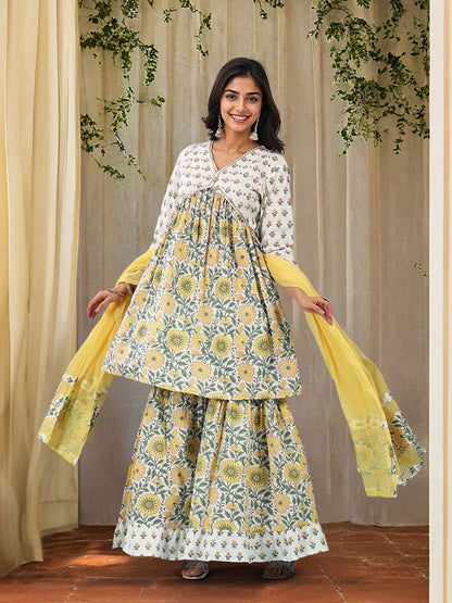 Dhiyona IS Women's Floral Printed Sequinned Pleated V-Neck Pure Cotton Kurta With Sharara & Dupatta