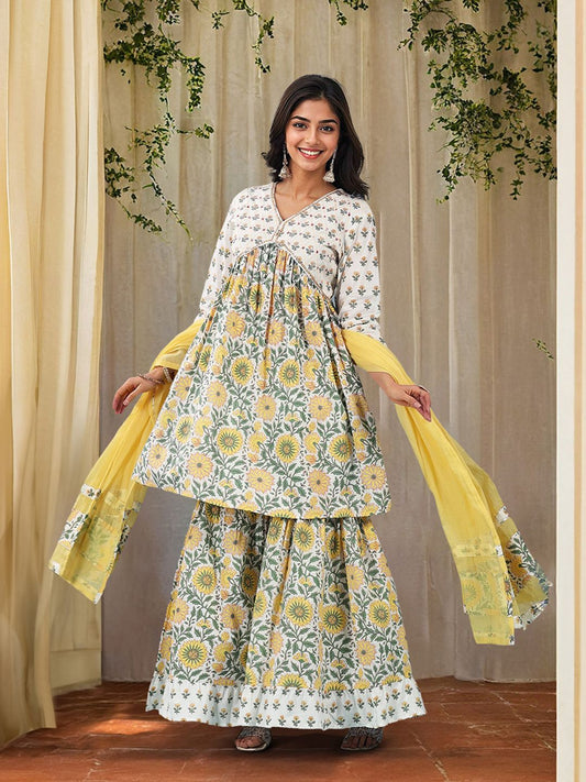 Dhiyona IS Women's Floral Printed Sequinned Pleated V-Neck Pure Cotton Kurta With Sharara & Dupatta