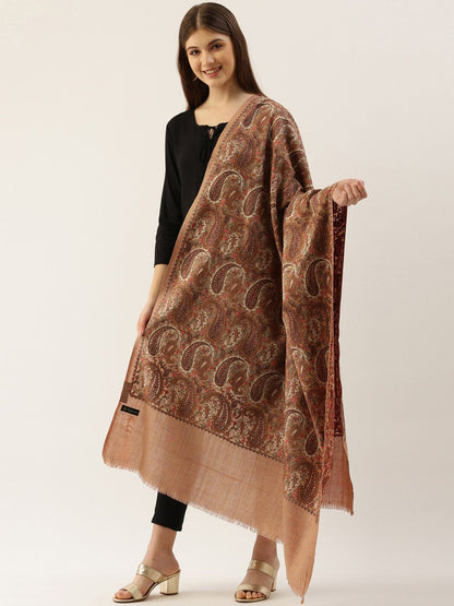 Dhiyona PA Women Beige & Brown Embroidered Woolen Shawl