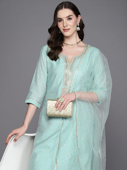 Dhiyona IE Embroidered Regular Sequinned Chanderi Silk Kurta with Trousers & Dupatta