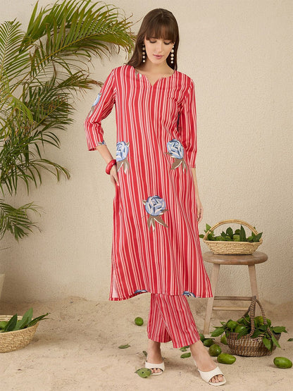 Dhiyona IE Women Solid V-Neck Regular Kurta with Trousers